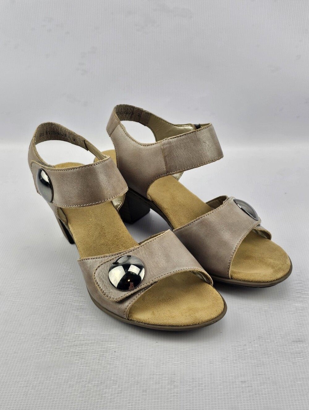 Rieker Aileen 69 Women's Heeled Sandals Velcro Close Decorative Button Taupe 6.5